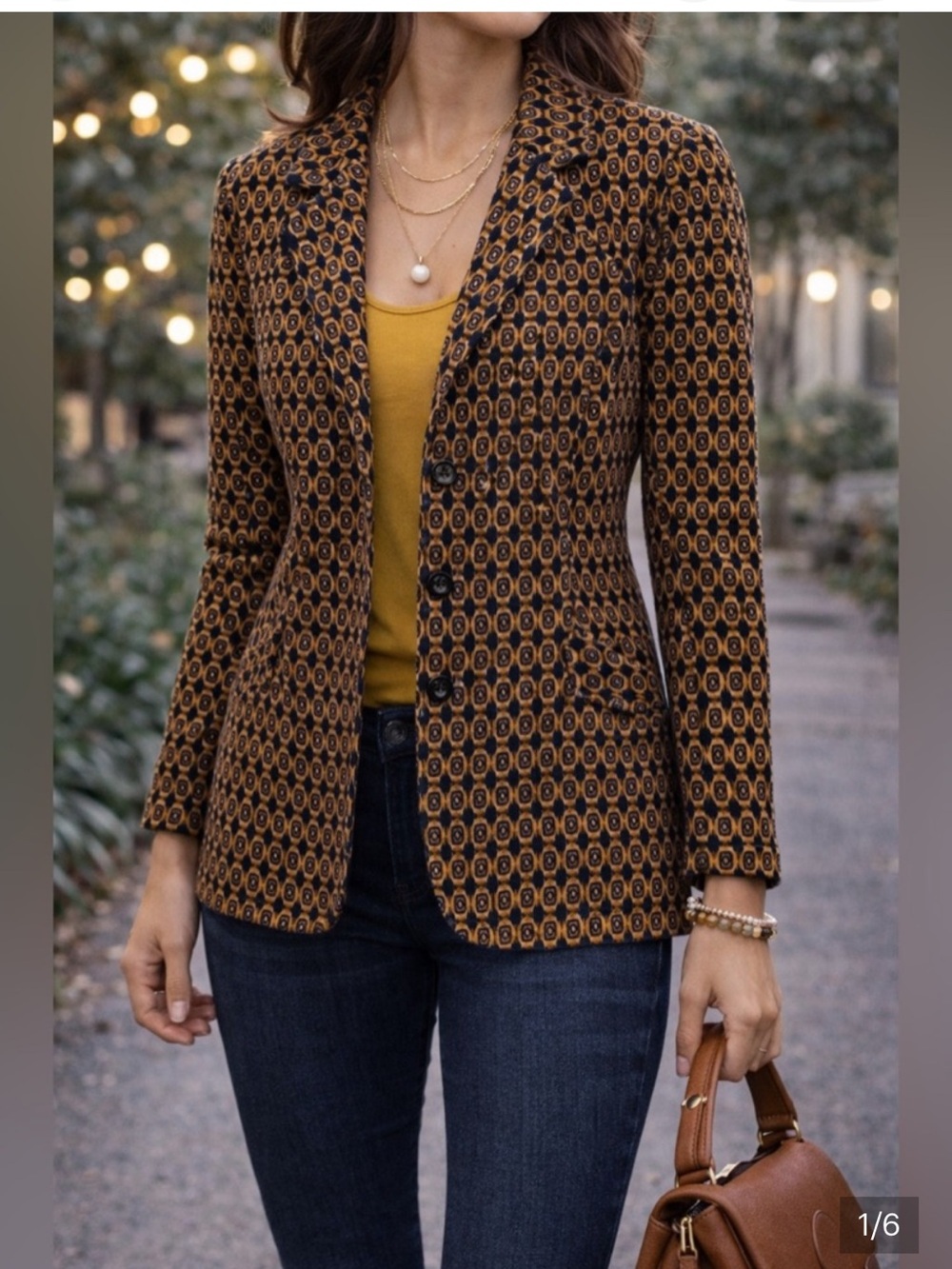 Cabi Womens Kensington Proper Standout Jacket in mustard/ navy medallion print M